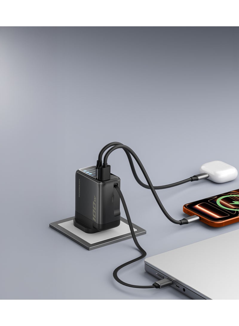 Powerology 100W Adapter with Retractable Type-C Cable, Multi-Device Charging, AI GaN Technology, TFT Display, Ultra-Fast Charging, Built-In Safeguards, USB-C & USB-A Ports - Black - Image 3